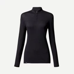 Merino Shirt Voor Trekking Dames MT500 Lange Mouwen Rits Aan De Hals