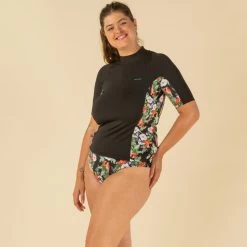 Uv-werende Rashguard 500 Met Korte Mouwen Voor Dames, Voor Surfen, Zwart Bicolor -Kleding Verkoop uv werende rashguard voor surfen dames 500 korte mouwen parrot zwart en bloemen 2