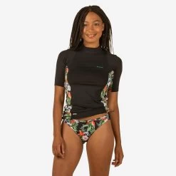 Uv-werende Rashguard 500 Met Korte Mouwen Voor Dames, Voor Surfen, Zwart Bicolor