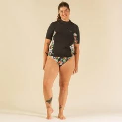Uv-werende Rashguard 500 Met Korte Mouwen Voor Dames, Voor Surfen, Zwart Bicolor -Kleding Verkoop uv werende rashguard voor surfen dames 500 korte mouwen parrot zwart en bloemen 6