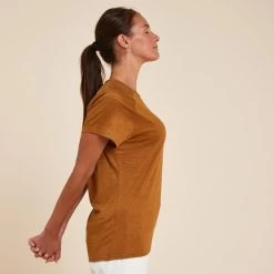 Yoga T-shirt Voor Dames 100% Linnen Made In France Camel -Kleding Verkoop yoga t shirt voor dames 100 linnen made in france camel 2