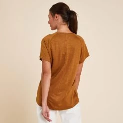 Yoga T-shirt Voor Dames 100% Linnen Made In France Camel -Kleding Verkoop yoga t shirt voor dames 100 linnen made in france camel 3